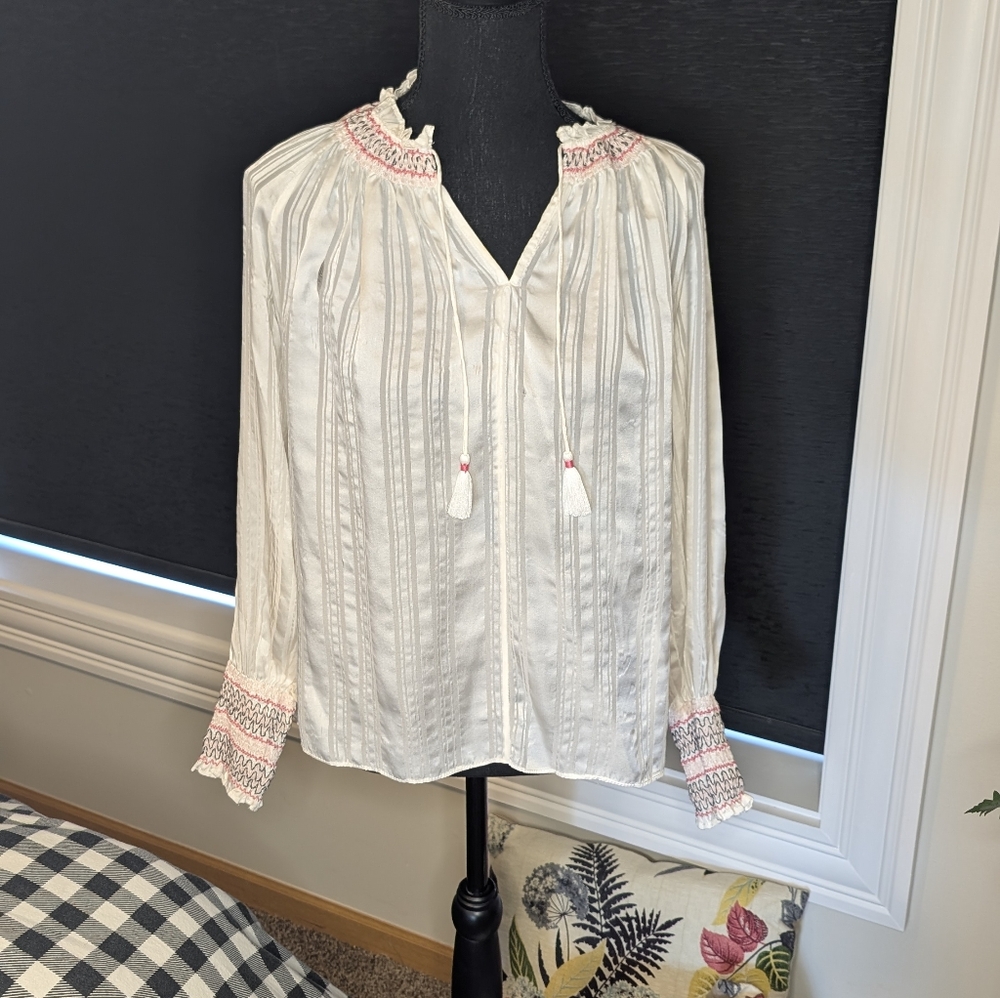 Johnny Was White Embroidered Silk Tunic Blouse